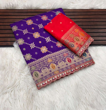 Masharu Silk Saree with Lakhnavi Meena Jacquard Weaving and Contrast Embroidered Blouse