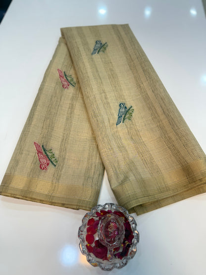 Ghicha cotton saree with bird motif pallu and tassel border, printed cotton saree for women