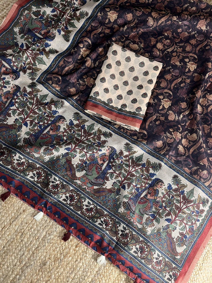 Mul Chanderi Cotton Saree with Kalamkari Print, Golden Zari Piping, and Batik Blouse – Ethnic Wear for Women