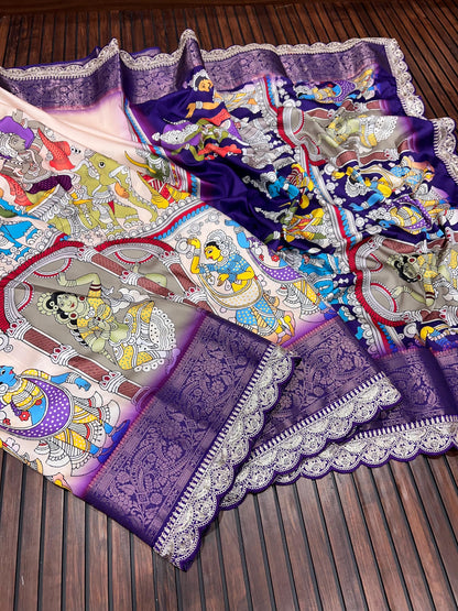 Dola Lichi Soft Silk Saree with Jacquard Jari Weaving, Pichwai Kalamkari Print and Sequins Lace Border