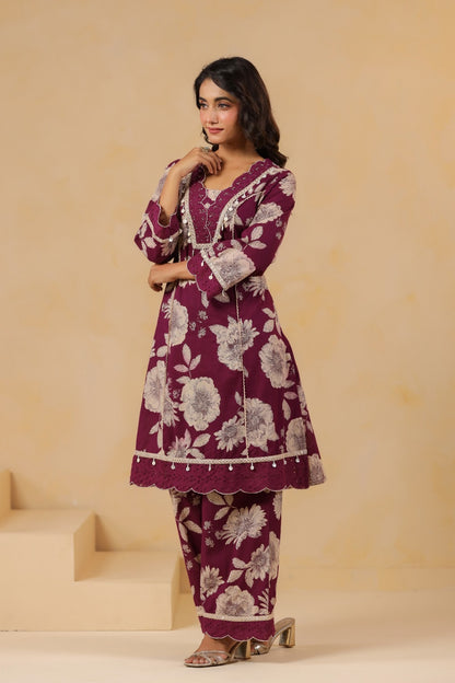 Pure Cotton Floral Printed Kurti Pant Set with Lace Detailing for Women – Wine Colour