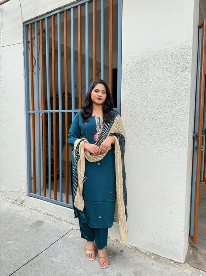 Pure natural crepe kurti pant dupatta set with chiffon lurex dupatta and handwork for women