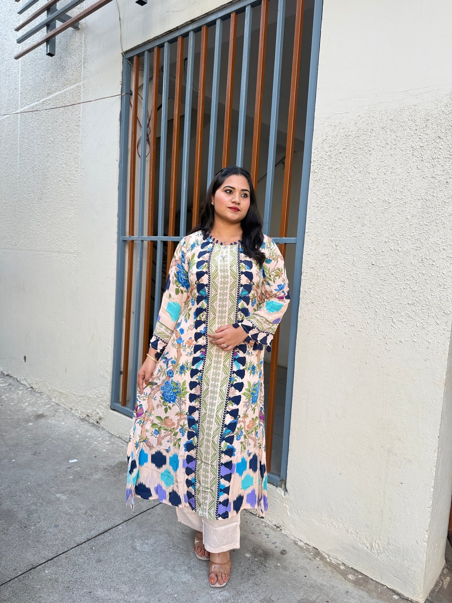 Digital Print Crepe Kurta Pant Set for Women with Tassel Detailing and Shantoon Bottom