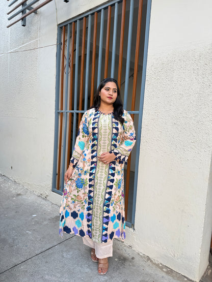 Digital Print Crepe Kurta Pant Set for Women with Tassel Detailing and Shantoon Bottom