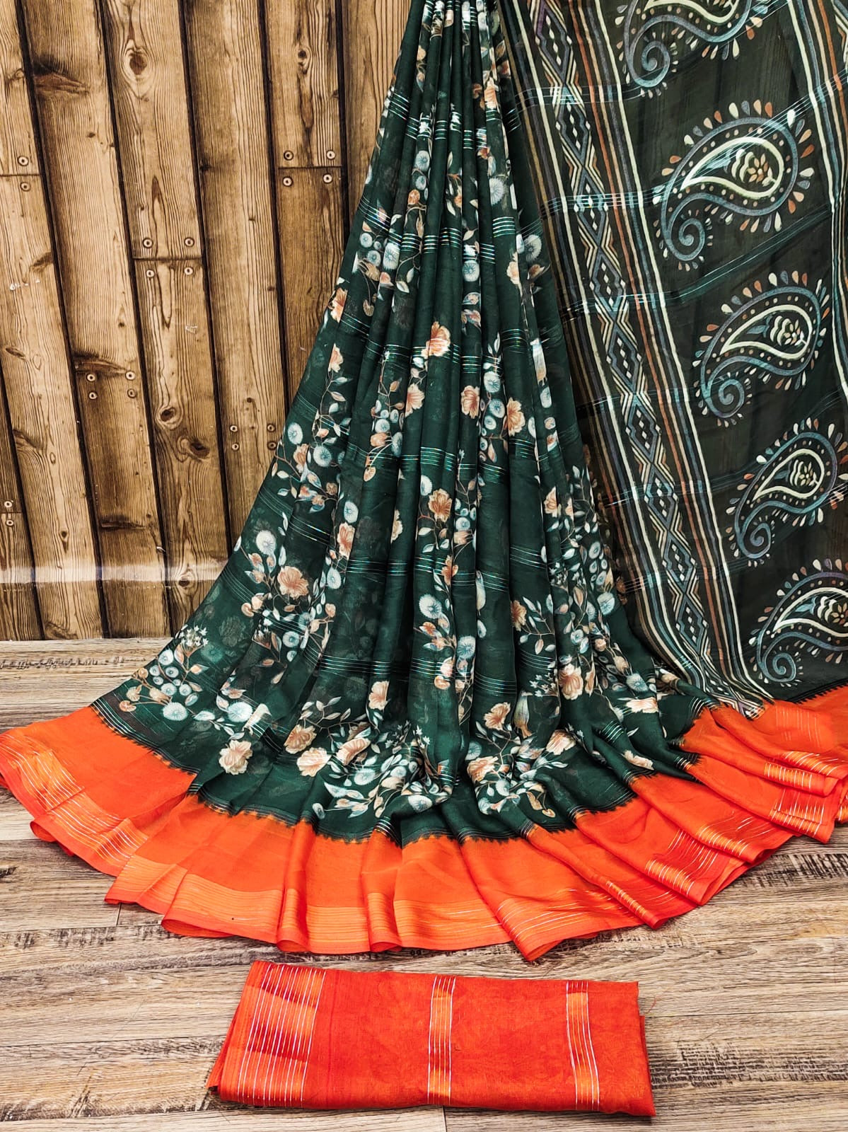 Chiffon Jari Saree with All-Over Floral Print & Contrast Printed Border – Blouse Options Available