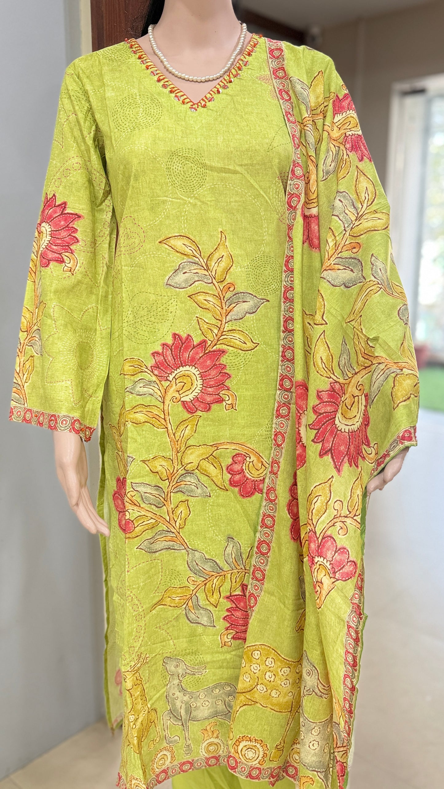 Italian cotton kurta pant dupatta set for women with placement print, straight 3 piece ethnic set, sizes 38 to 44