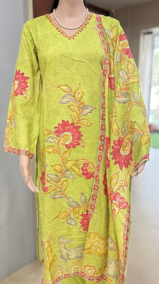 Italian cotton kurta pant dupatta set for women with placement print, straight 3 piece ethnic set, sizes 38 to 44