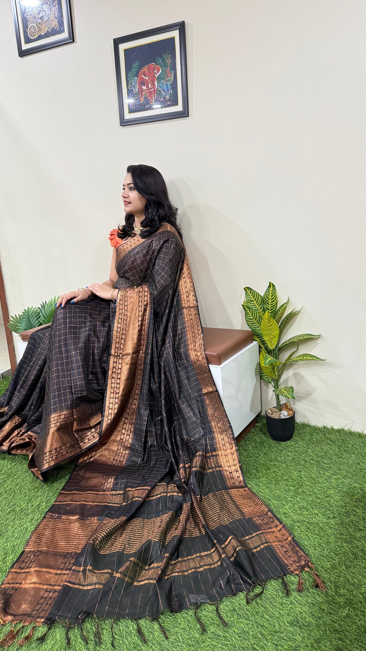 Mangalgiri Soft Semi Tussar Silk Saree with Check Pattern and Blouse Piece for Women – Lightweight Drape