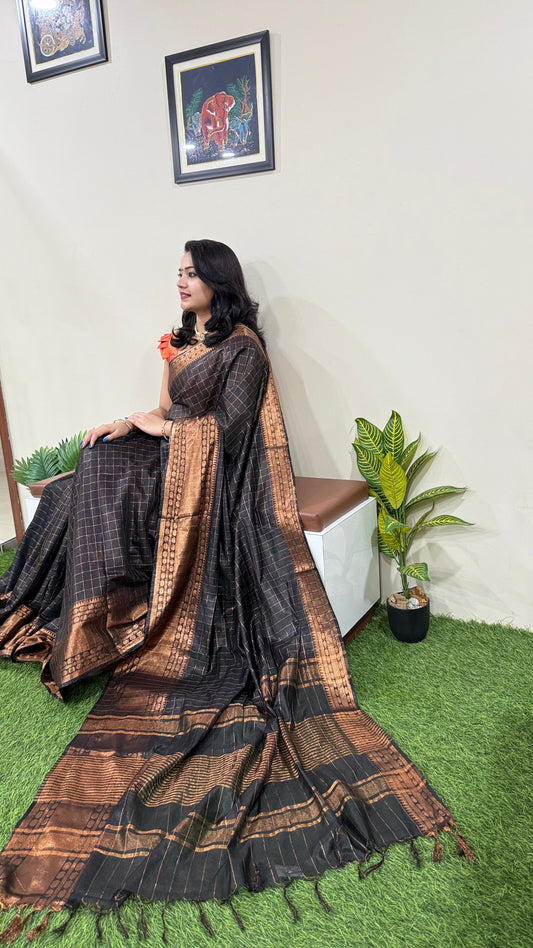 Mangalgiri Soft Semi Tussar Silk Saree with Check Pattern and Blouse Piece for Women – Lightweight Drape