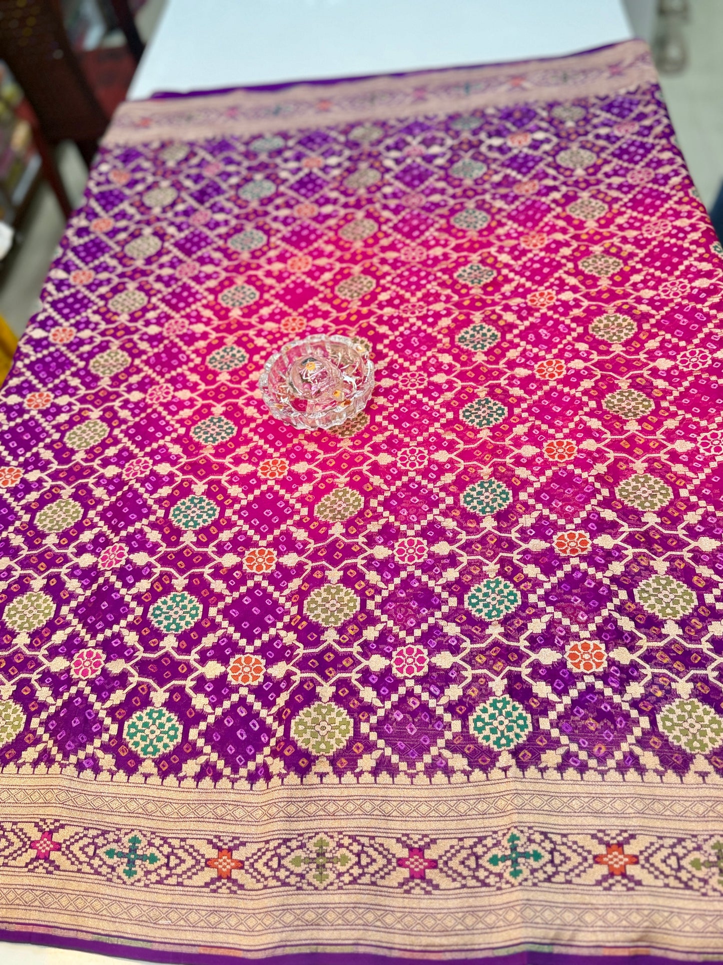 Banarasi Pure Georgette Bandhani Saree with Golden Zari Jaal and Meenakari Work – Bridal Wear