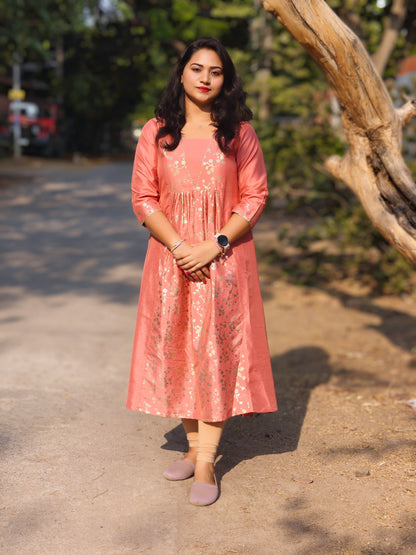 Peach Crepe Silk Floral Foil Printed Panelled Kurta for Women – M to 2XL