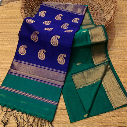 Maheshwari Silk Cotton Saree with Mango Butta Motifs & Gold Zari Border