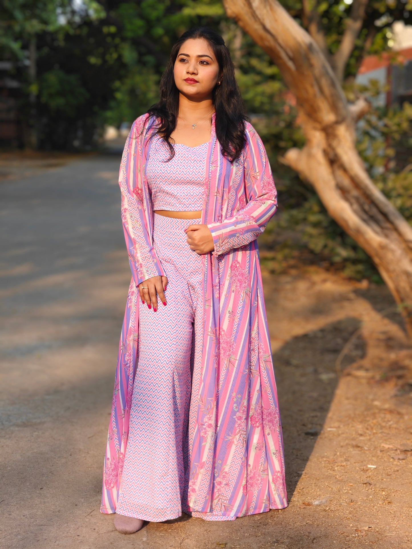 Women’s Georgette Chevron Print 3-Piece Set with Jacket – Sizes L, XL & 2XL