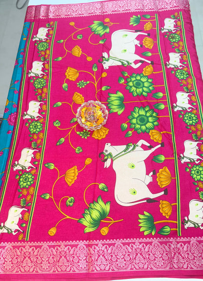 Madrasi Cotton Silk Saree with Cultural Print Motifs and Matching Blouse Piece for Women