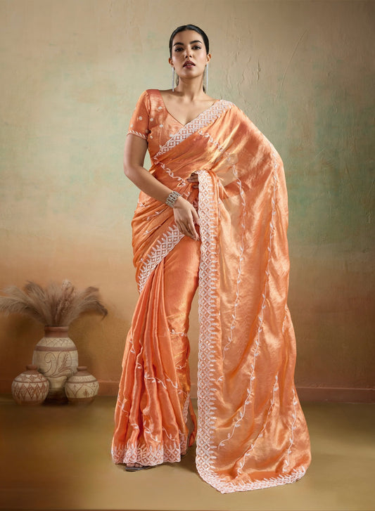 Velvet Chiffon Saree with Sequins Embroidery and Leheriya Flow for Women