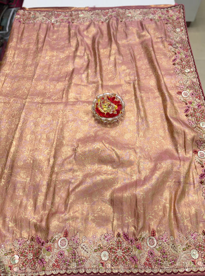 Tissue Silk Saree with Embroidery, Sequin, and Mirror Work Border – Festive Saree for Women