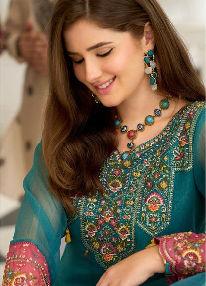 Organza Crush 3-Piece Suit Set with Embroidery, Handwork and Muslin Inner for Women