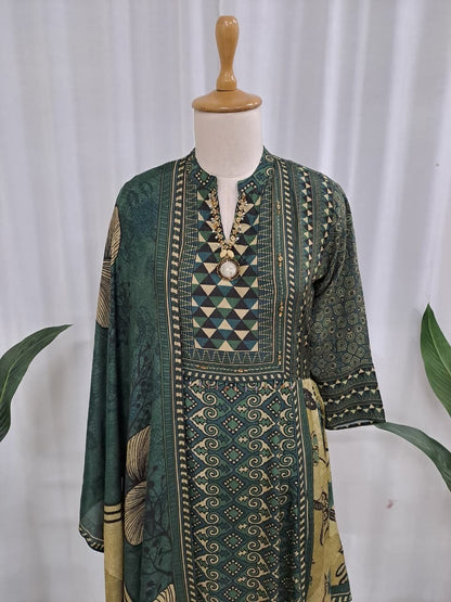 Women’s viscose silk printed kaftan kurta palazzo set with embellished neckline and cape sleeves, green, size 38–44