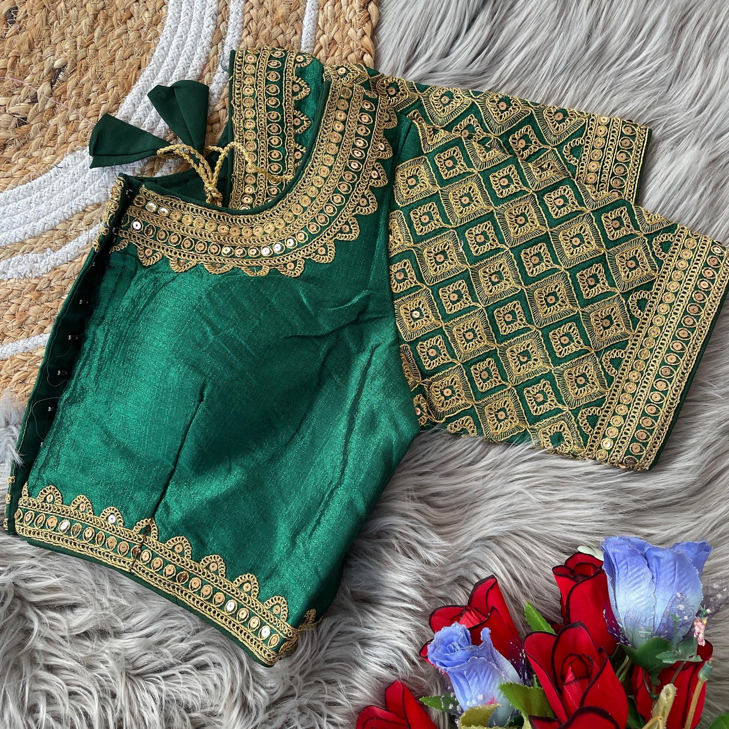 Soft Silk Front-Open Blouse with Heavy Sequins, Thread, Jari and Handwork for Women