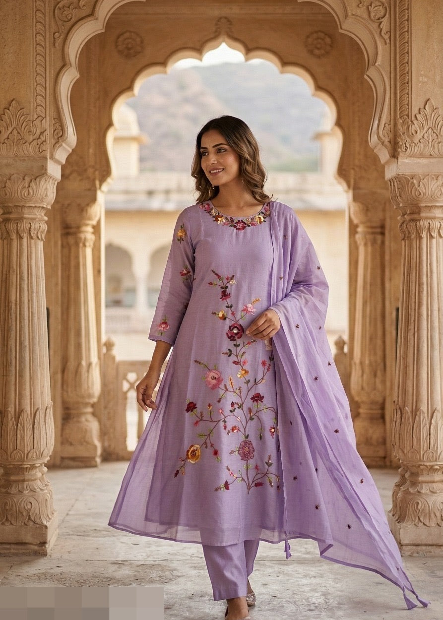 Mul Chanderi Embroidered Kurta Pant Dupatta Set for Women with Lining, Purple Festive 3 Piece Set