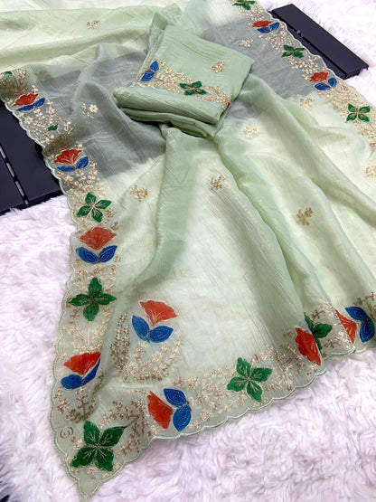 Soft Crunchy Fabric Saree with Pitta Work, Brush Print and Arco Border