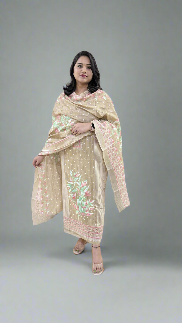 Unstitched Pure Cotton Suit Material with Handwork, Printed Salwar and Mal Mal Cotton Dupatta