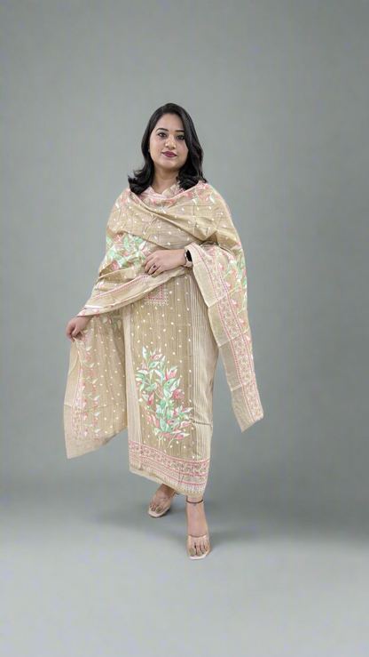 Unstitched Pure Cotton Suit Material with Handwork, Printed Salwar and Mal Mal Cotton Dupatta