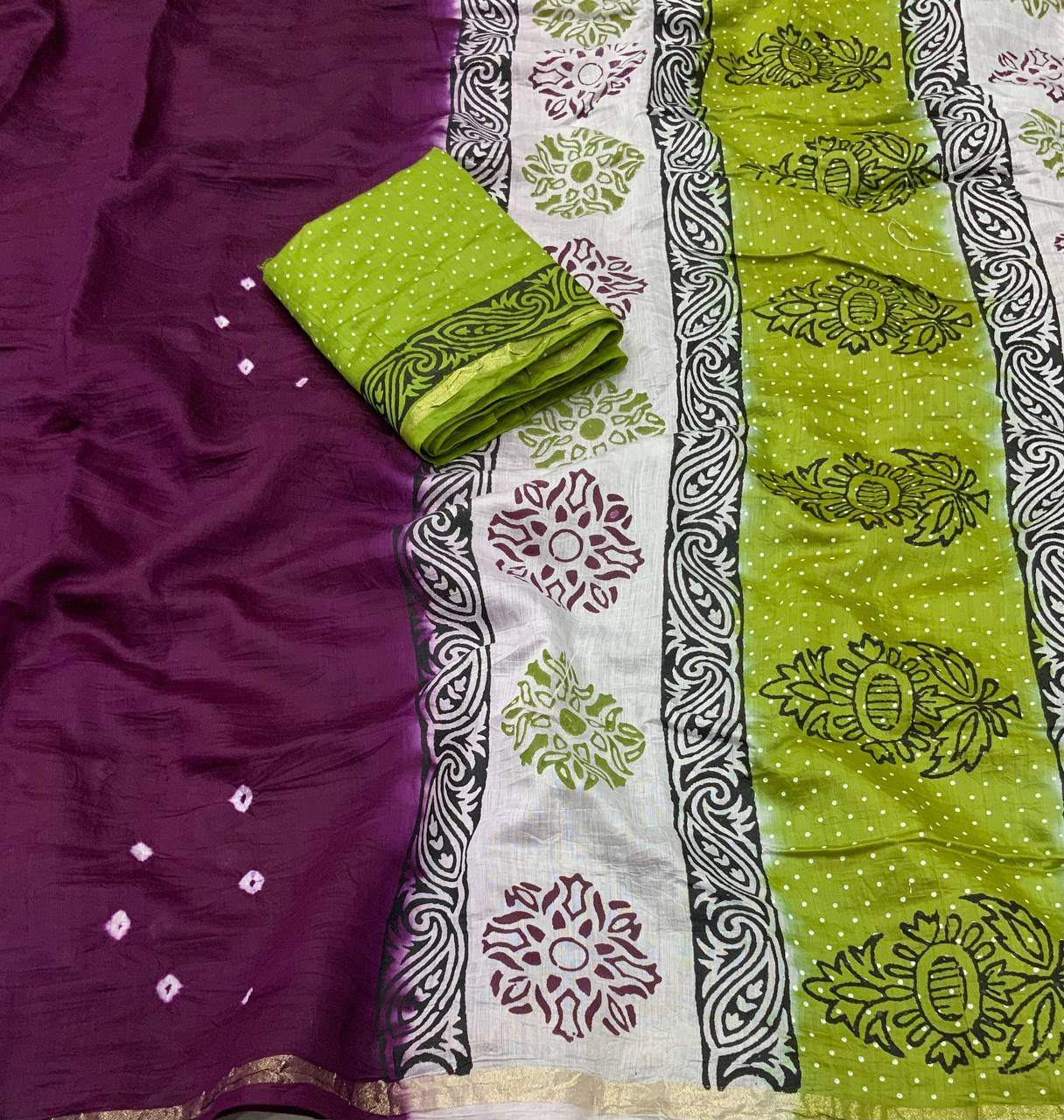 Chanderi Cotton Saree with Hand-Tied Bandhani and Block Printed Pallu – Festive Wear for Women