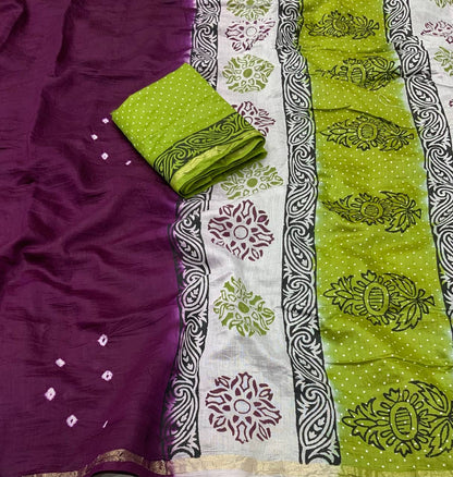 Chanderi Cotton Saree with Hand-Tied Bandhani and Block Printed Pallu – Festive Wear for Women