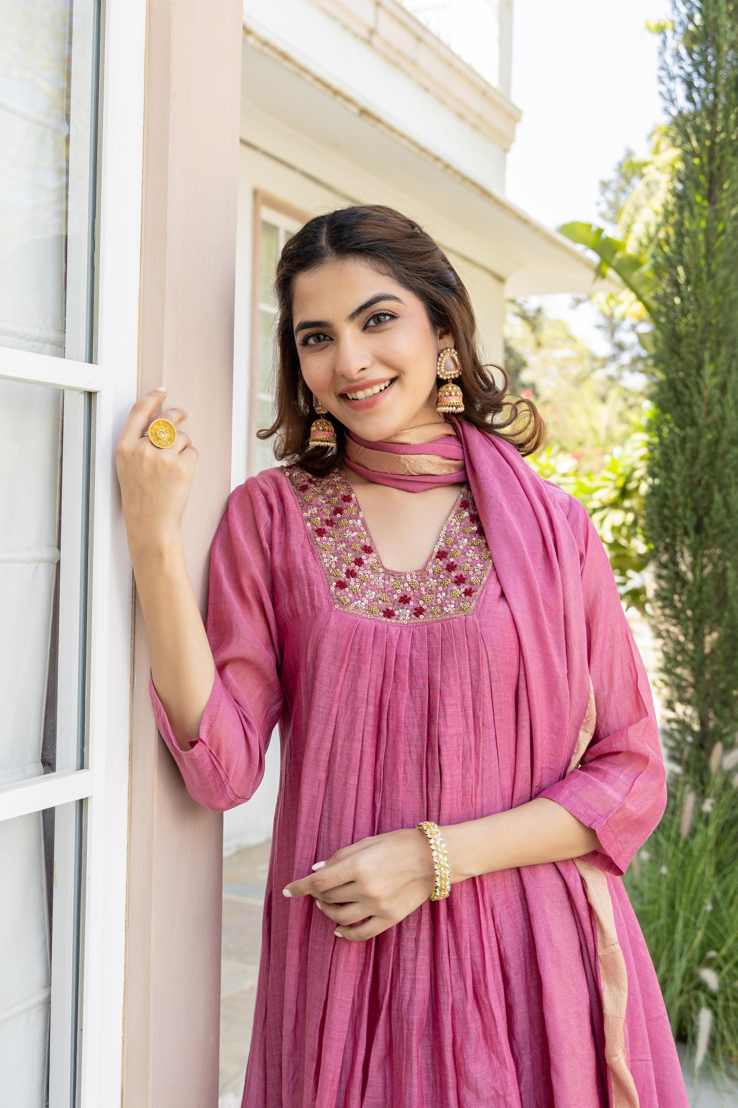 Mal Chanderi Anarkali Kurti Pant Dupatta Set with Embroidery Work for Women