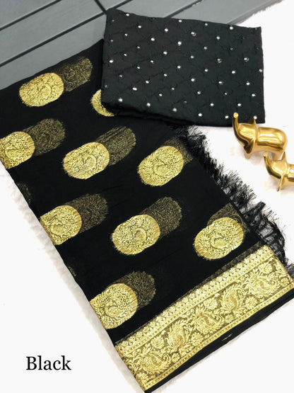 Women’s Pure Viscose Georgette Saree with Gold Zari Weaving, Zalar Pallu and Foil Mirror Work Blouse