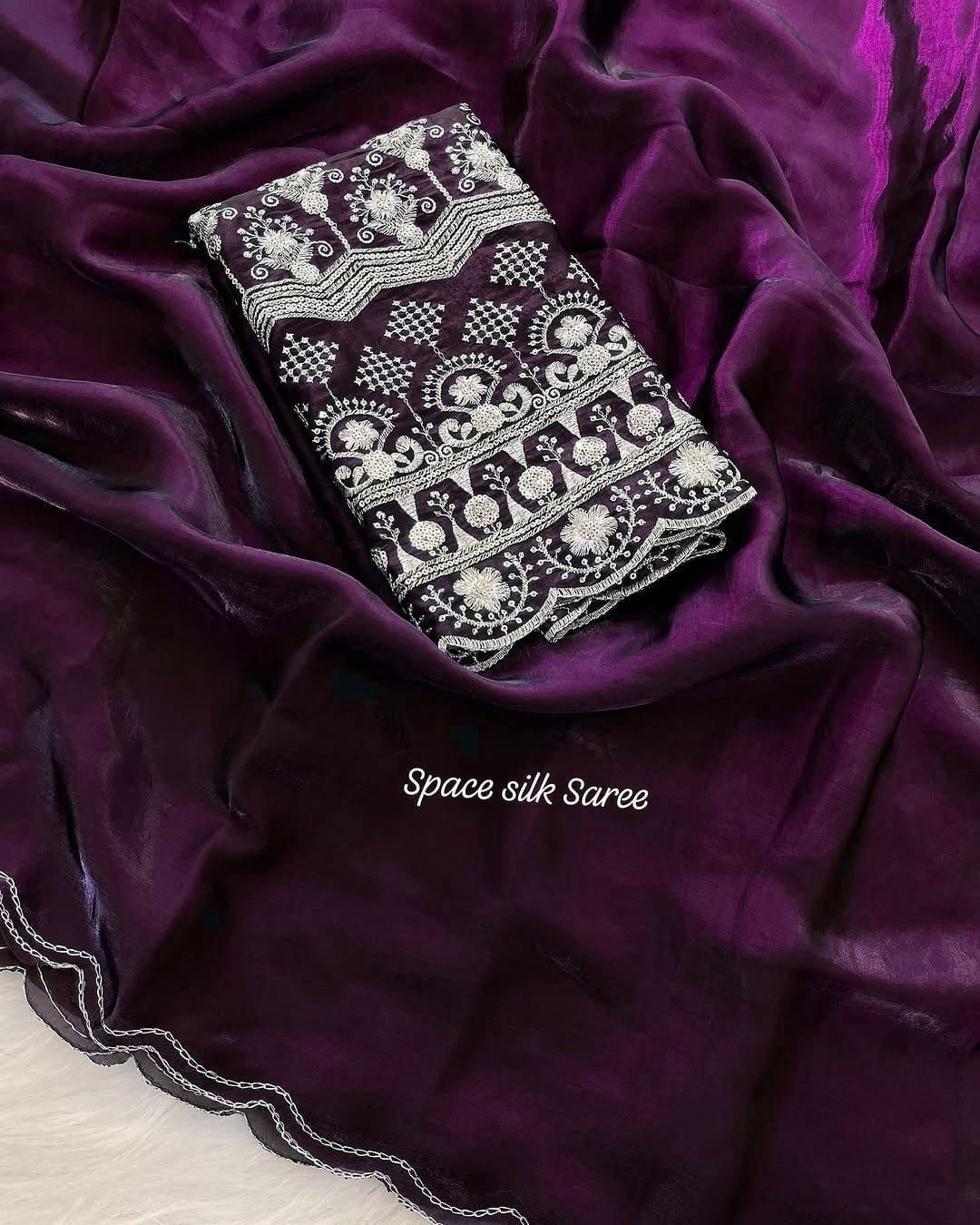 Space Silk Saree with Arco Cut Work and Embroidered Blouse – Elegant Party and Festive Wear Saree for Women