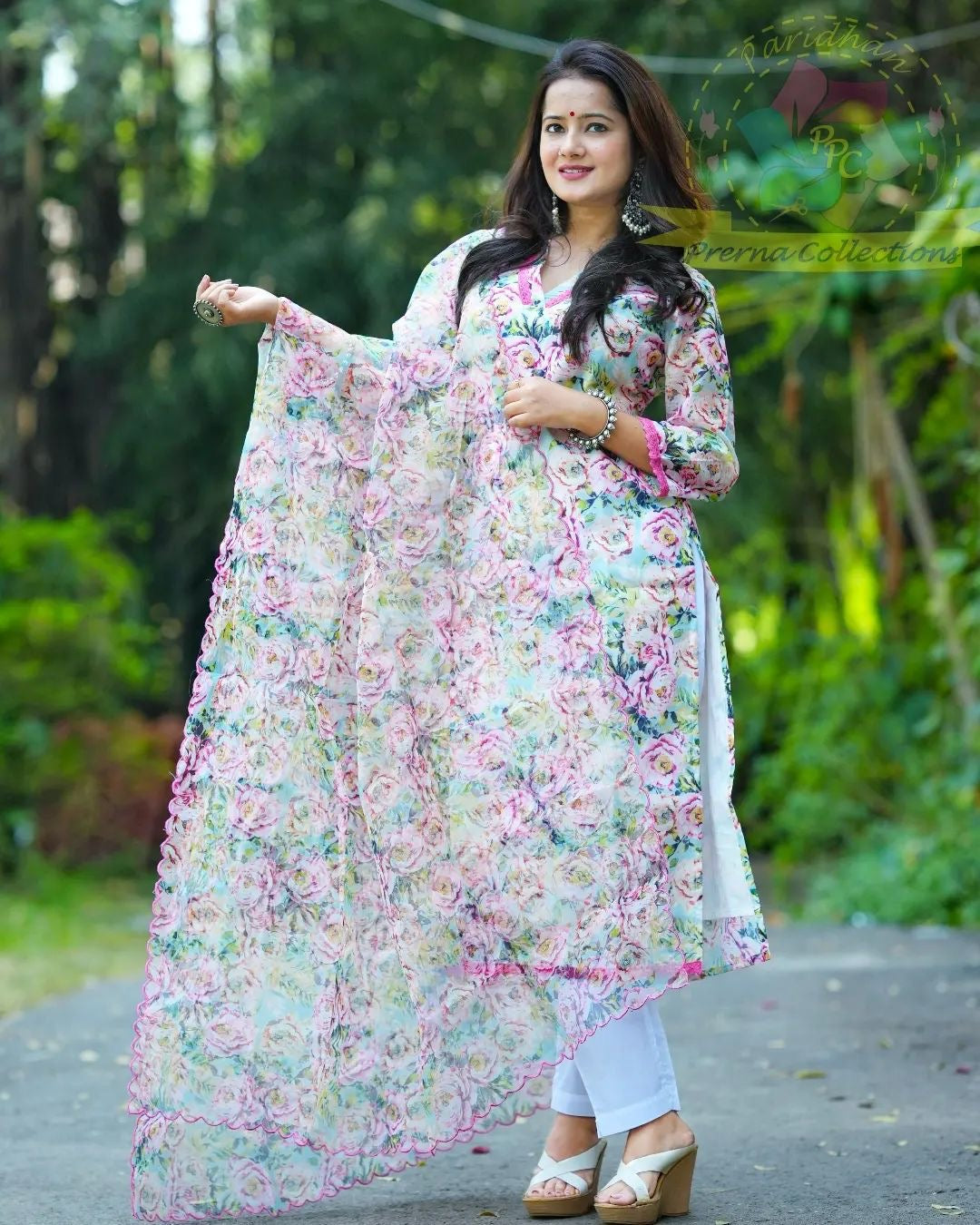 Chanderi Digital Print Kurti Pant Dupatta Set with Cotton Lining and Organza Dupatta – Sizes 40 to 44