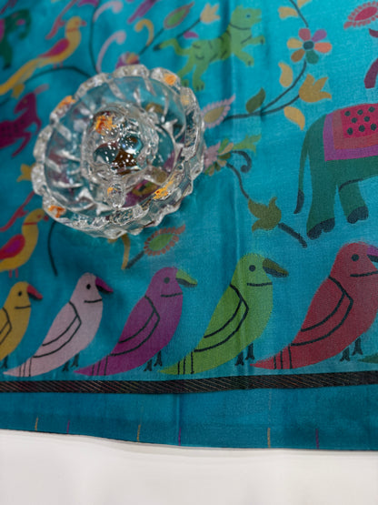Soft silk printed saree with multicolour ethnic motifs and contrast blouse piece