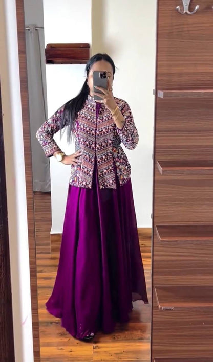 Georgette Embroidered Peplum Top with Bottom and Cutwork Dupatta for Women – Sizes S to XXL