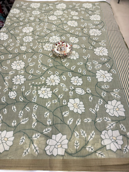 Linen printed saree with floral vine design, contrast border and tassel pallu, women’s daily wear saree