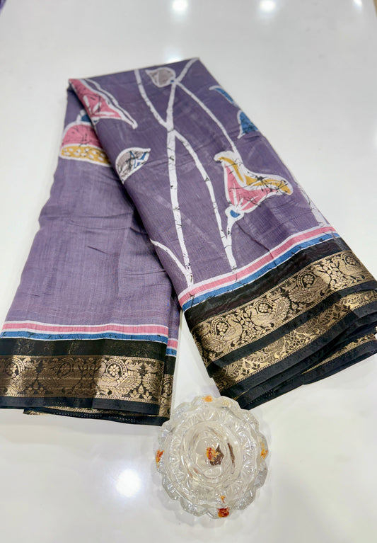 Chennuri silk style printed saree with traditional artwork border and unstitched blouse fabric for women