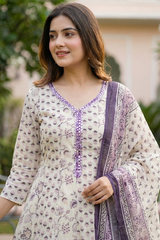 Embroidered Mul Cotton Kurta Pant Dupatta Set for Women with Floral A-Line Styling