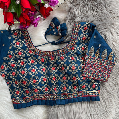 Bridal Blouse in Heavy Pure Soft Cobra Silk with Sequins Embroidery and Latkan Detailing