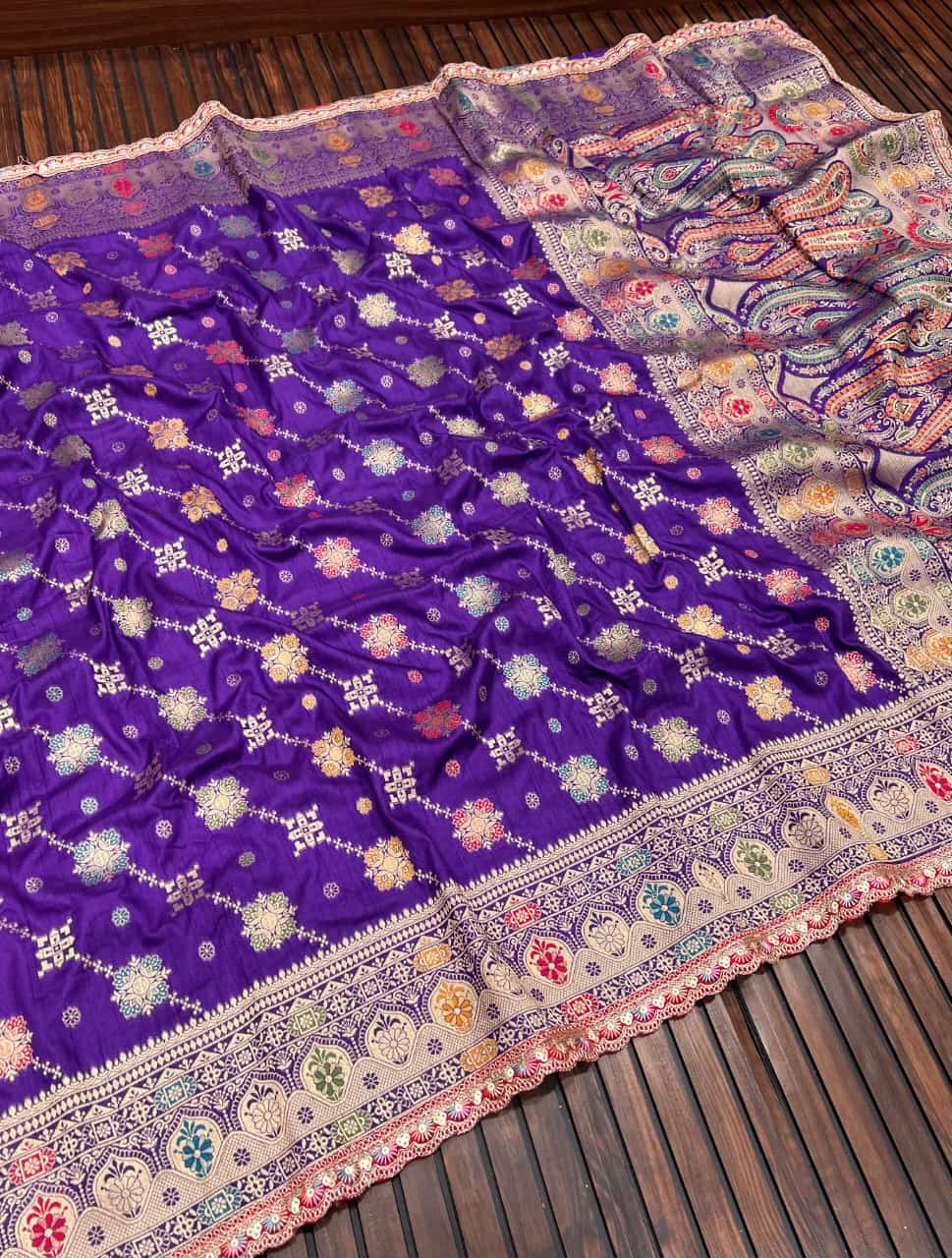 Masharu Silk Saree with Lakhnavi Meena Jacquard Weaving and Contrast Embroidered Blouse