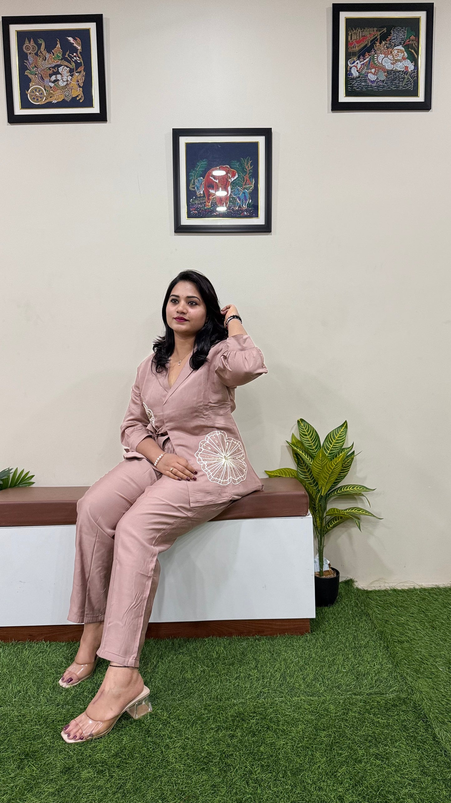 Women's Pure Silk Co-ord Set with Embroidered Waist Detail and V-Neck Top