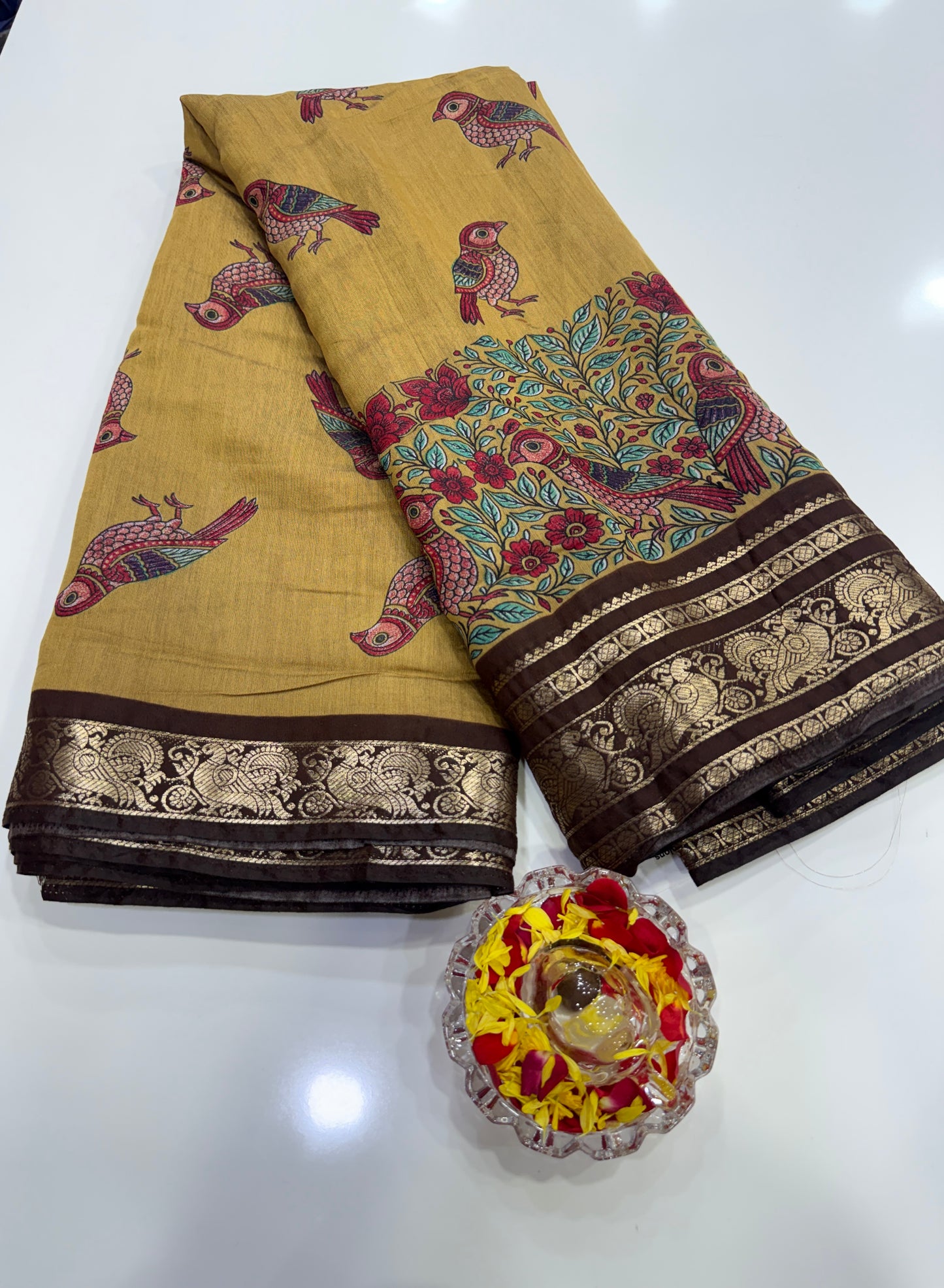 Venkatagiri style silk-blend printed saree with bird motifs and zari-style border, 6.3m women’s festive saree