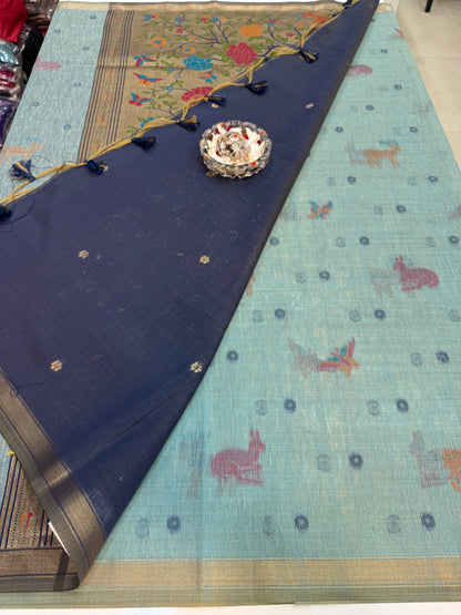 Linen Paithani style printed saree with floral tree border and tassel pallu, women’s festive daily wear saree