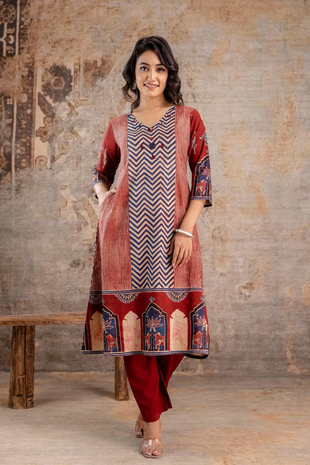 Jaipuri Cotton Kurti Pant Set for Women with Chevron Print and Mughal Border – Sizes 38 to 46