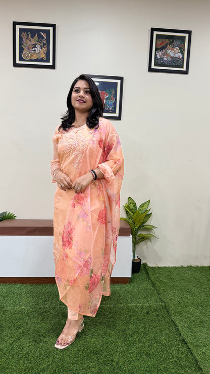 Women’s Organza Embroidered Suit Set with Viscose Silk Pant and Digital Print Dupatta – L to 3XL