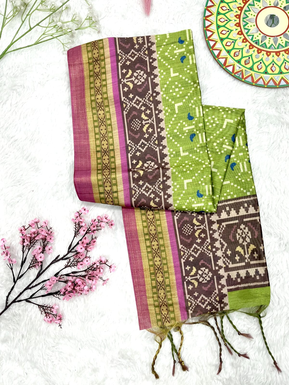 Soft Raw Silk Ikat Print Saree with Tassel Border and Contrast Blouse Piece