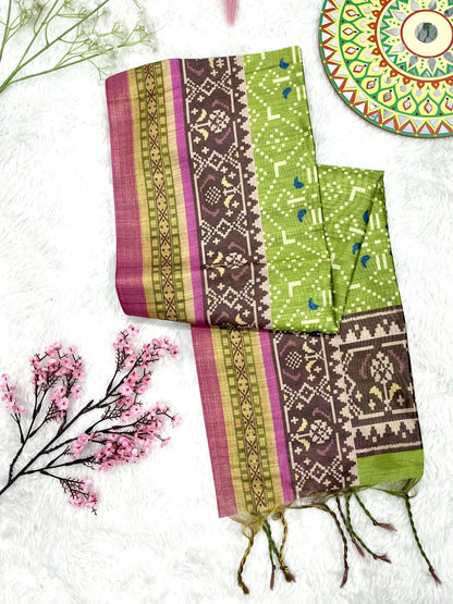 Soft Raw Silk Ikat Print Saree with Tassel Border and Contrast Blouse Piece