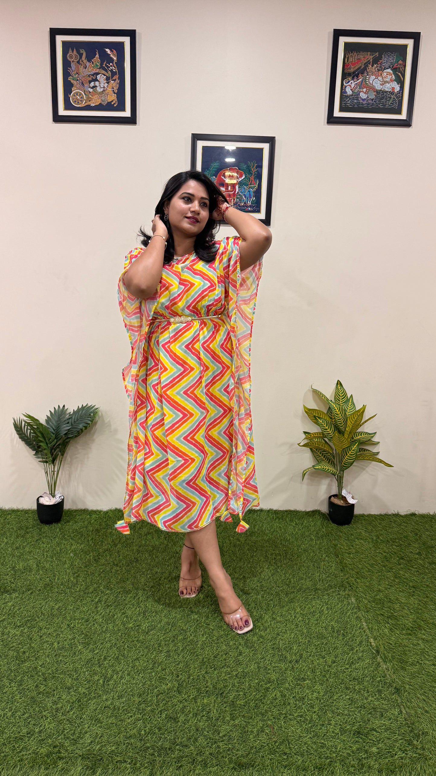 Georgette Printed Kaftan for Women with Pearl Embellished Neckline – Sizes 38 to 46