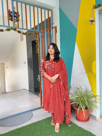 Women’s Kalamkari Cotton Kaftan Set with Embroidery and Mirror Work – Sizes 38 to 44