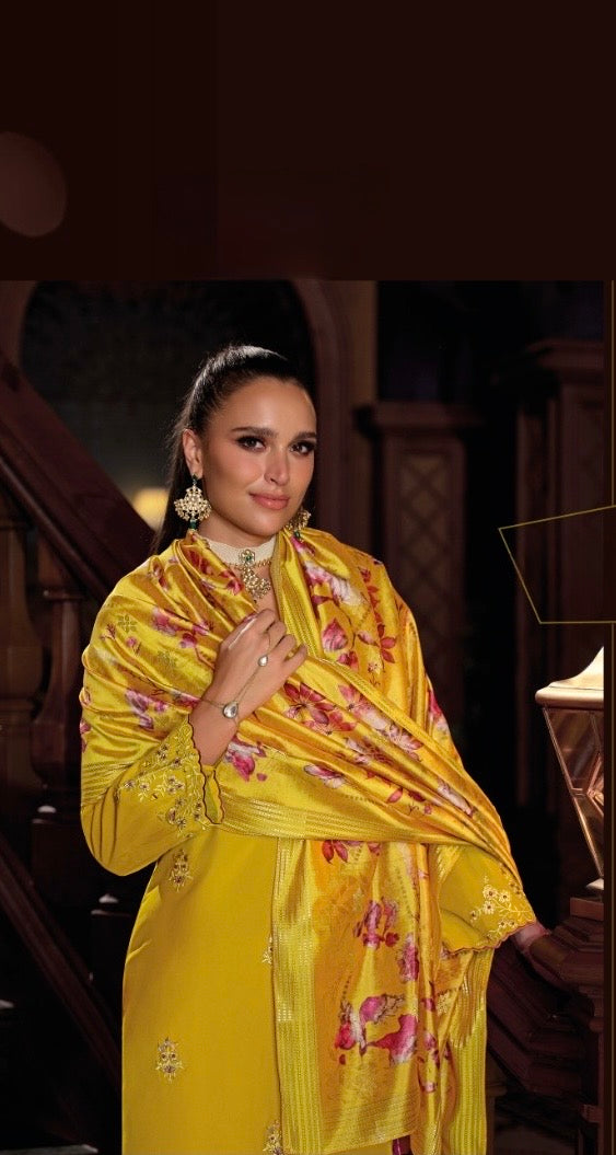 Viscose Silk Embroidered Kurta Plazzo Dupatta Set with Mirror Work and Printed Dupatta – XL & XXL